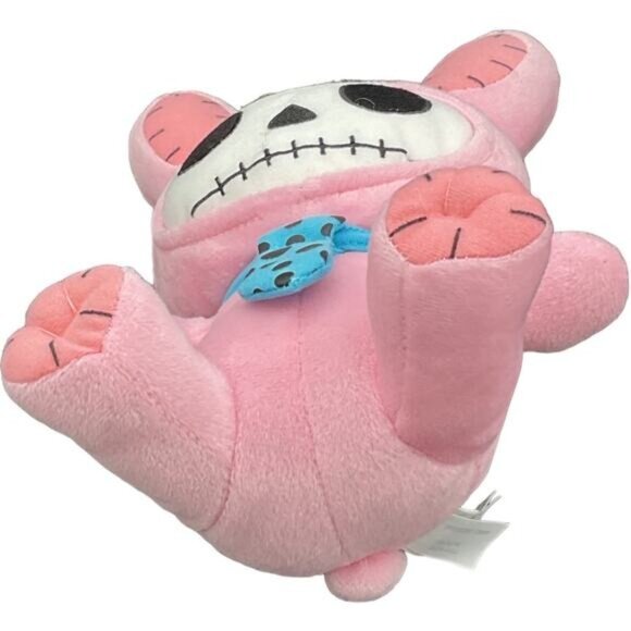 Fiesta Furrybones Pink Bunny Skeleton Plush Toy With Blue Polka Dot Tie - Picture 5 of 7